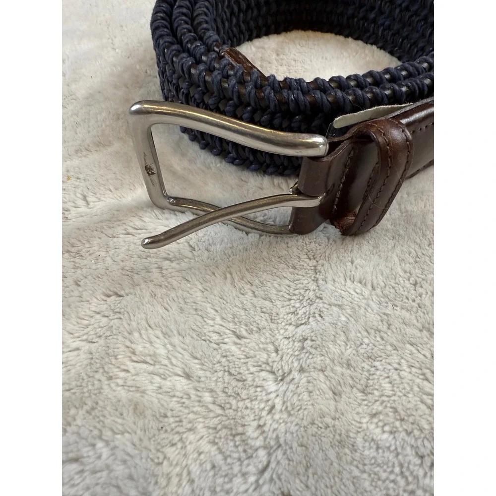 Torino Mens Braided Stretch Belt Navy Black Woven Leather Trim‎ Made in USA 44in
